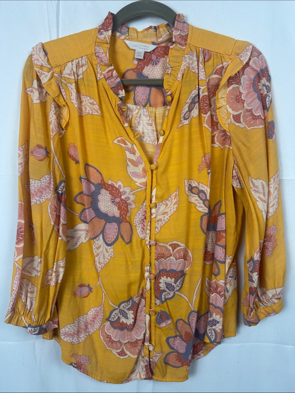 LC Lauren Conrad Mustard Floral Ruffle Button-Front Top